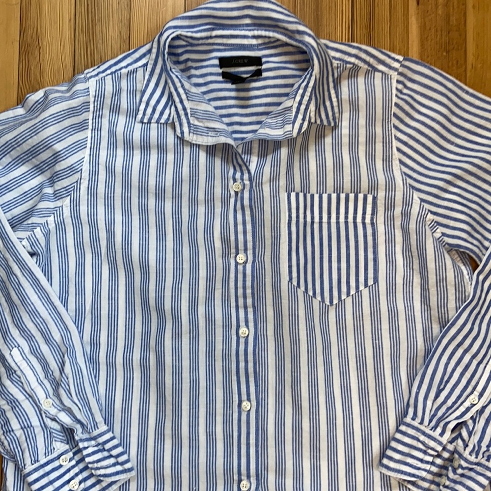 Boys J Crew Crewcuts Linen Blue White Button Long sleeve Shirt 10